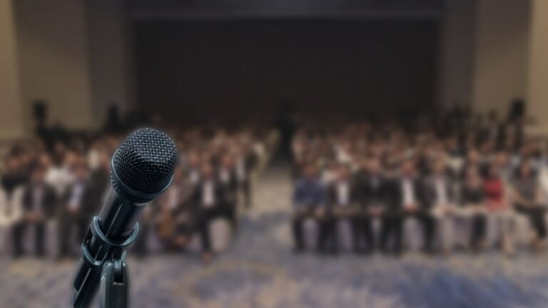 First-person view of presenting to large audience without notes