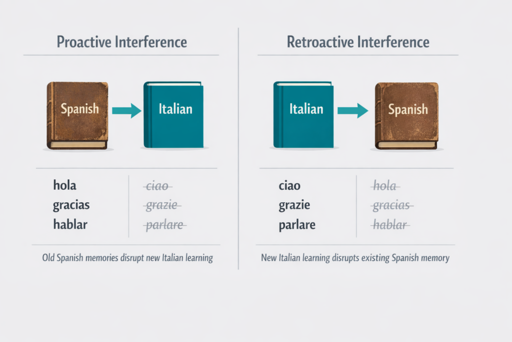 infographic showing proactive and retroactive interference side by side, using Spanish and Italian vocabulary pairs to illustrate how old memories disrupt new learning and new memories disrupt old learning
