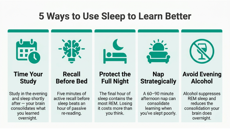 Infographic depicting ways to optimise sleep for learning: study with active recall before sleeping, sleep the whlole night, nap strategically and avoid evening alcohol