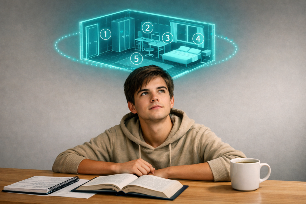 Student with study materials with a memory palace in his thought bubble, imagining how to build a memory palace for exam revision