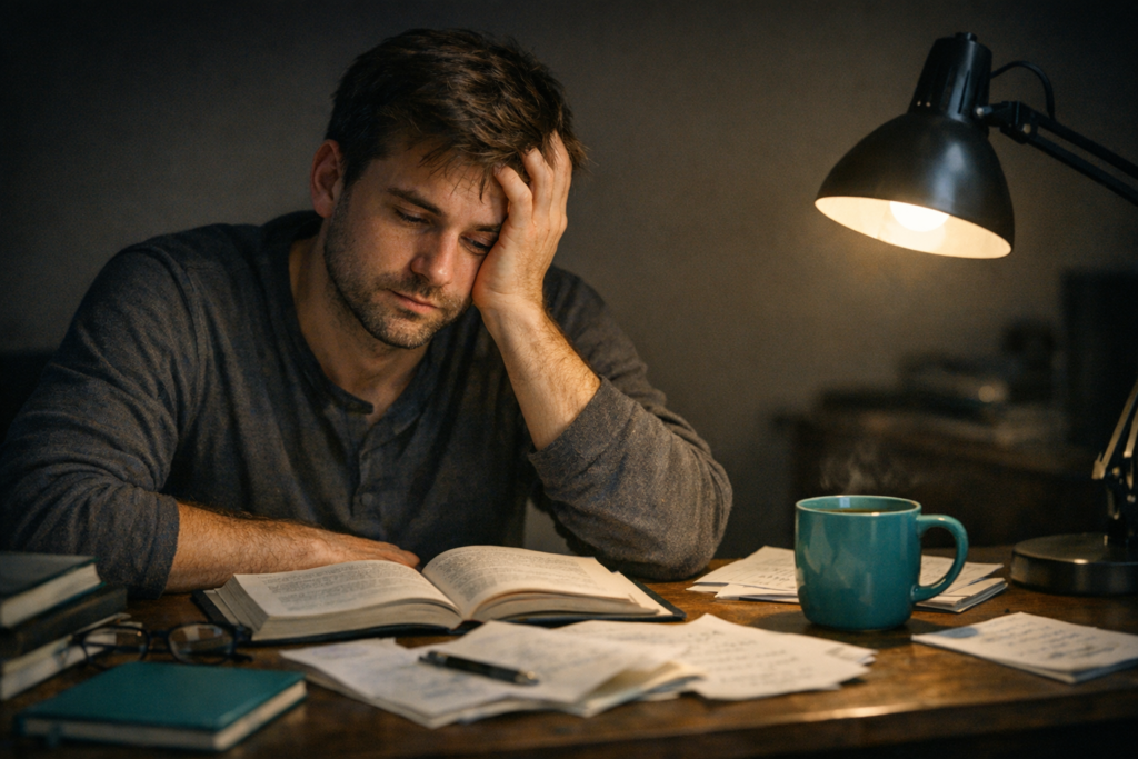 Student looking stressed and exhausted illustrating how stress impairs memory formation and contributes to why we forget