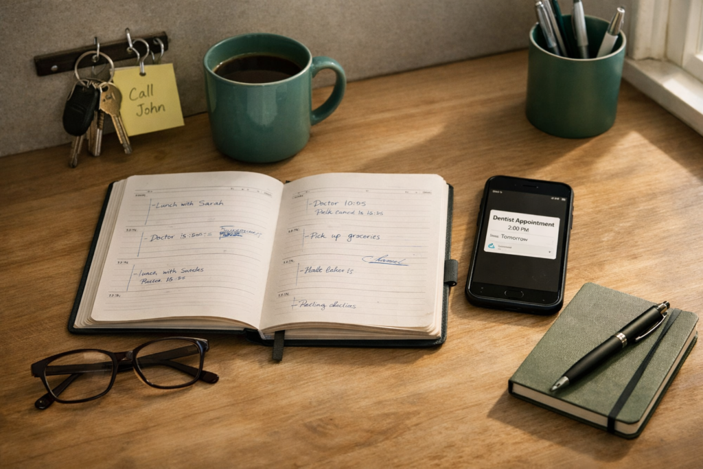 Organised desk showing a diary, smartphone with calendar reminder, keys on a hook and notebook illustrating external memory aids as a strategy for keeping memory sharp with age