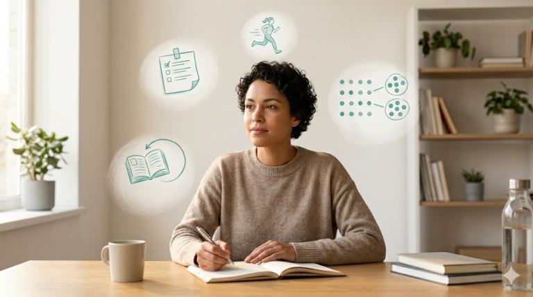 Lady sitting at a desk with floating icons that illustrate how to improve working memory - active recall, exercise, chunking and external systems
