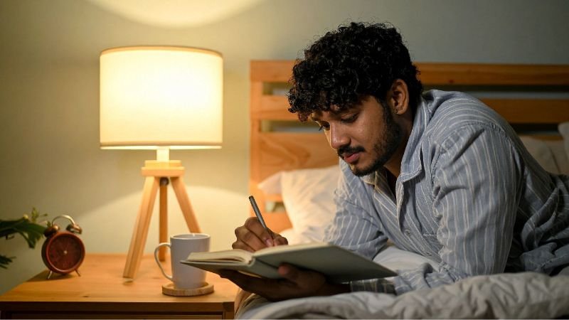 Man writing in a journal during scheduled worry time to stop overthinking