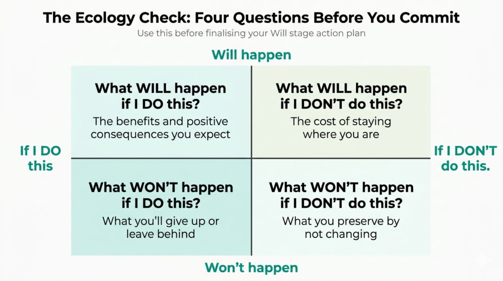 The Ecology Matrix, a technique used to check that any actions taken in the Will stage of the GROW model are a good fit with the wider ecology of your life