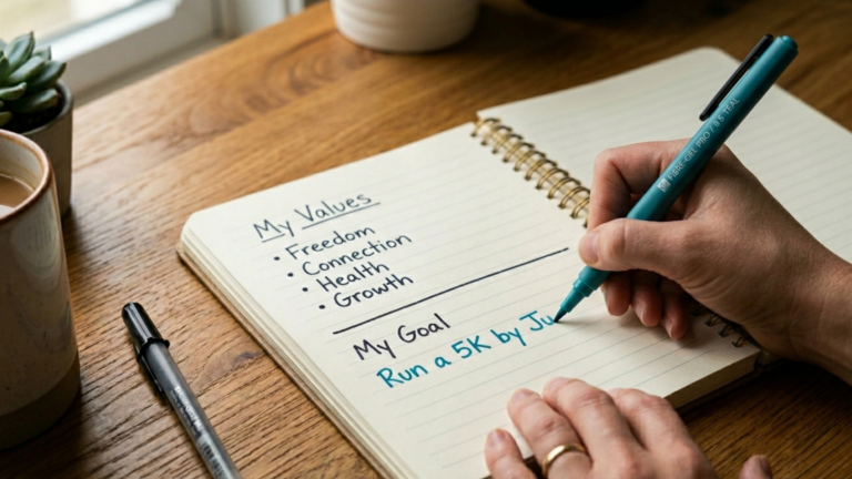 A person writing values and goals in a notebook, showing how to set goals you'll actually achieve