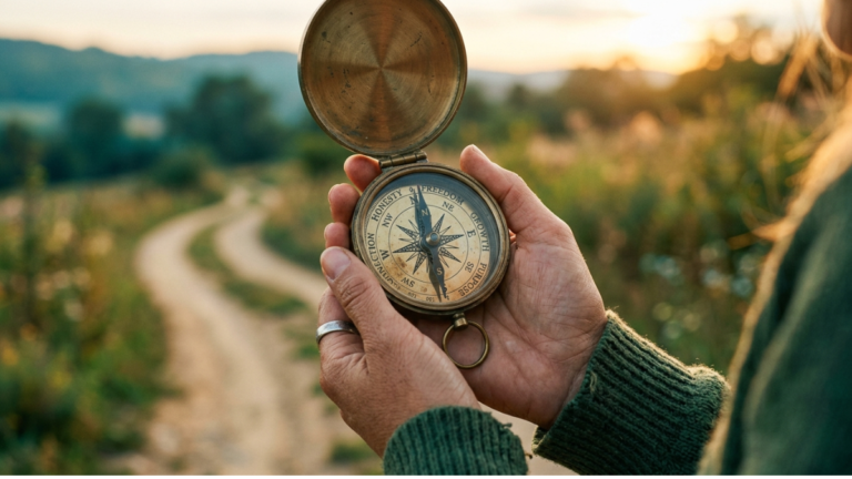 How to identify your core values - lady holding a compass with values on its face to guide her decisions