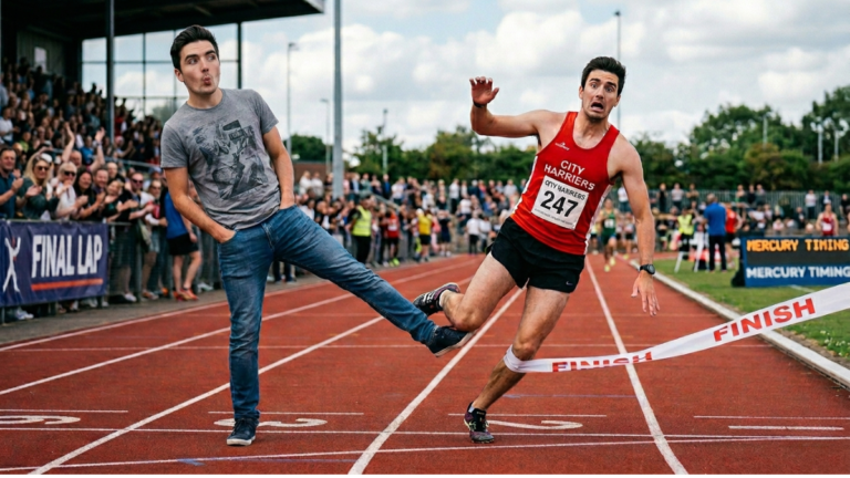 Two identical figures racing toward a finish line, one tripping the other with a mischievous expression, illustrating self-sabotage