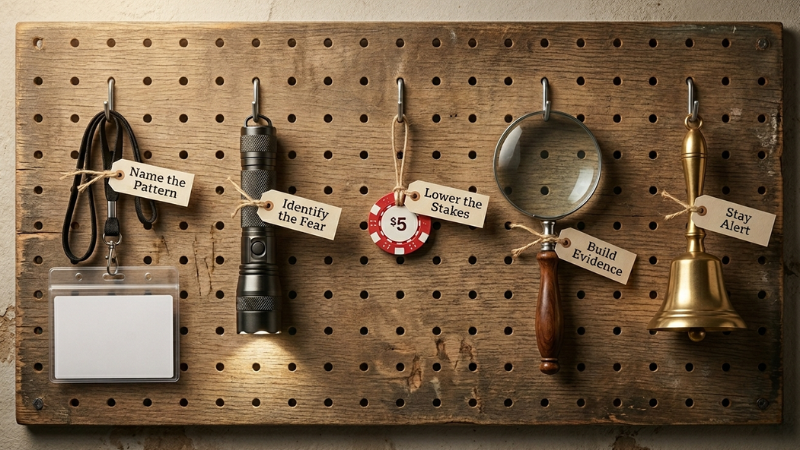 A photorealistic pegboard showing five tools representing strategies for reducing self-sabotage: a conference name badge, a torch, a casino chip, a magnifying glass, and a brass bell, each with a printed label