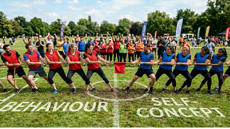 Two tug of war teams on a grass field, the word Behaviour painted on the grass under one team and Self-Concept under the other, illustrating the internal tension of cognitive dissonance