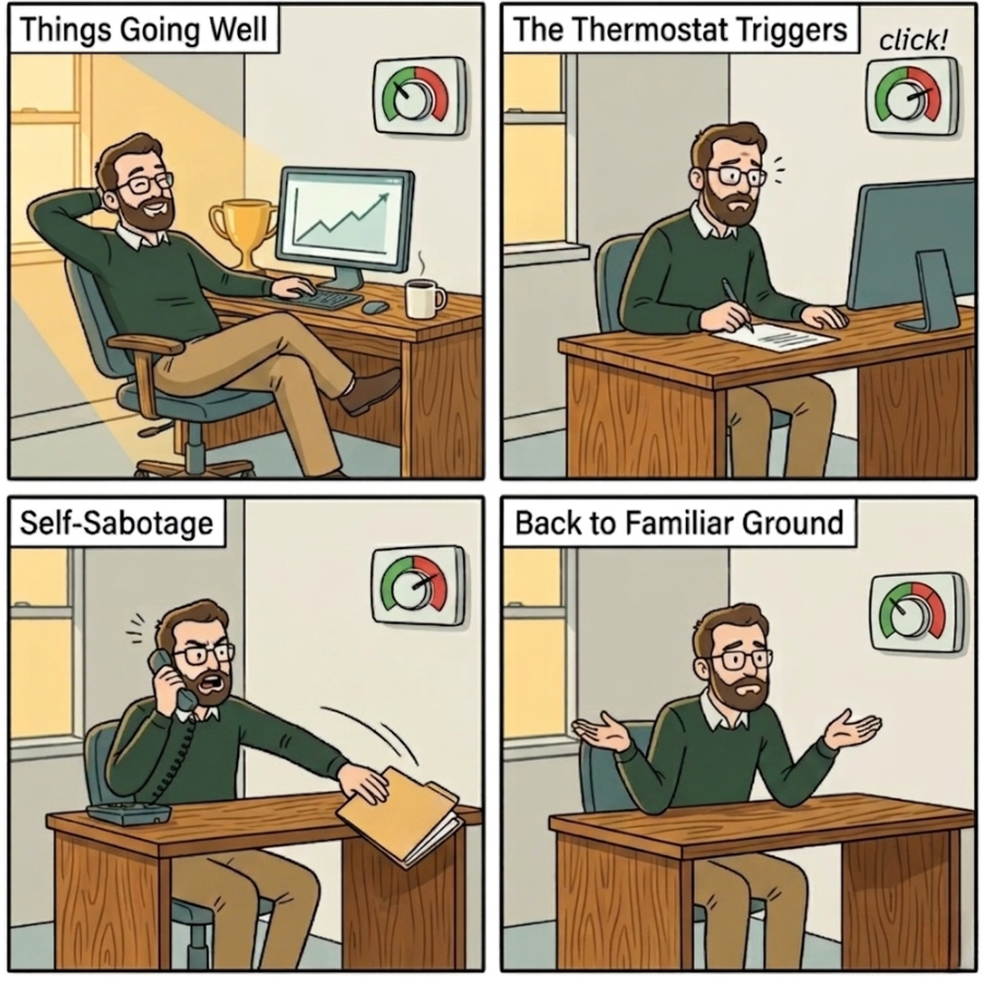Four-panel cartoon strip illustrating the Upper Limit Problem. Panel 1: a man relaxes at his desk with a rising graph on screen — things are going well. Panel 2: a wall thermostat ticks into the red zone as he freezes with unease. Panel 3: he argues on the phone and pushes an opportunity off his desk. Panel 4: the thermostat settles back to normal as he sits deflated at a bare desk.