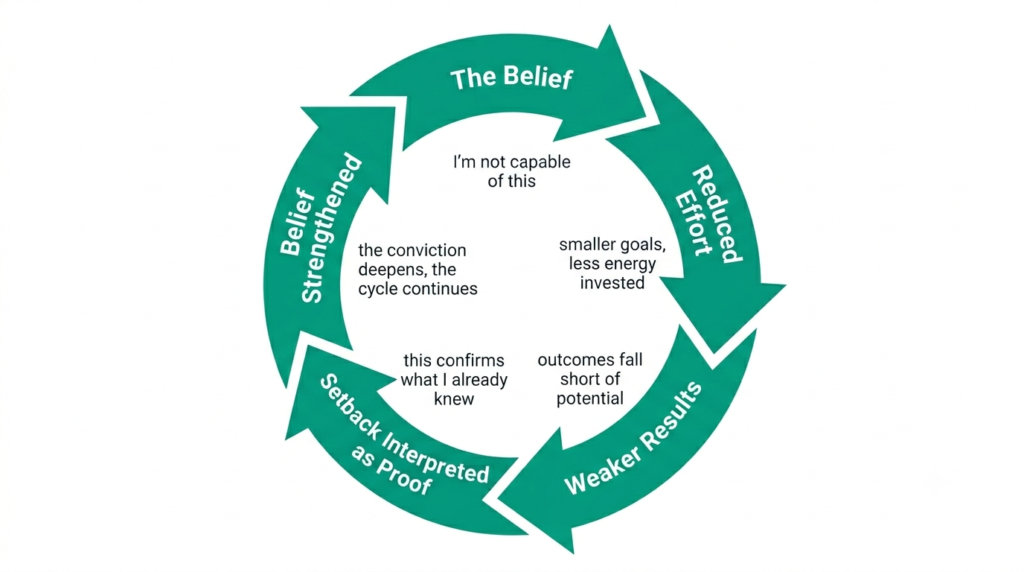 Circular diagram showing how self-limiting beliefs self-reinforce through a five-stage cycle: reduced effort, weaker results, and setbacks interpreted as confirmation — perpetuating the original belief.